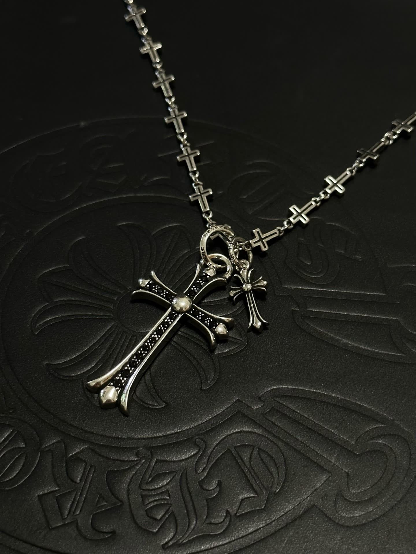 Chrome Hearts Silver Cross Necklace with Black Inlay